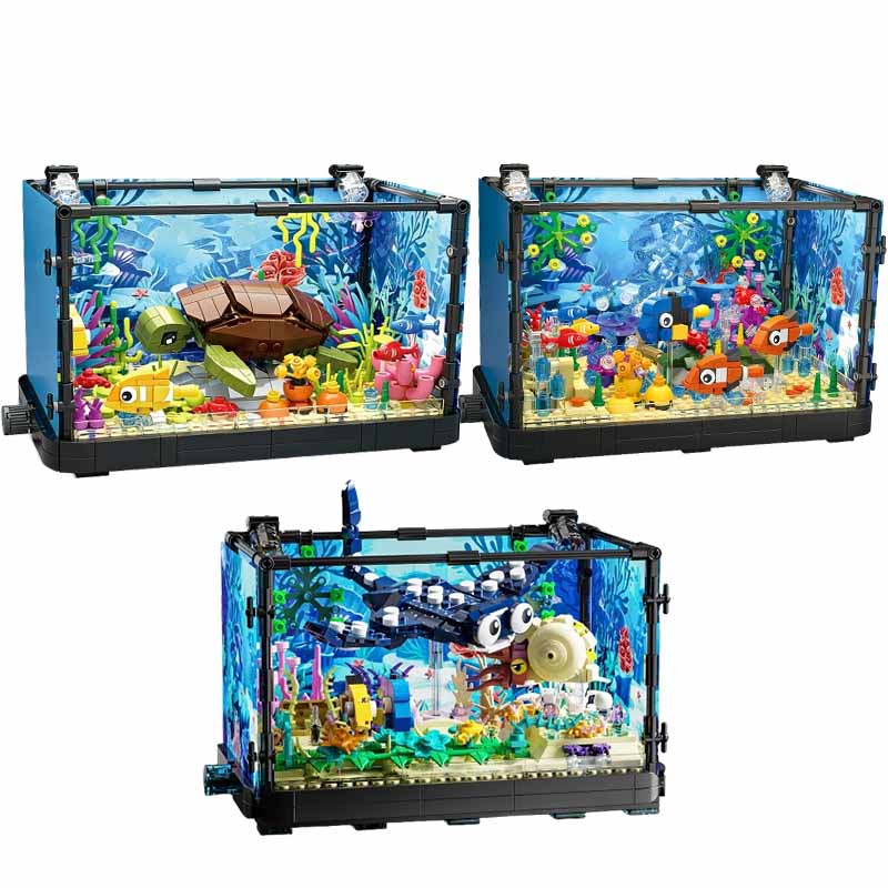 Aquarium Fishing - Aquarium bouwsteenset met licht, aquarium, zeeschildpad,